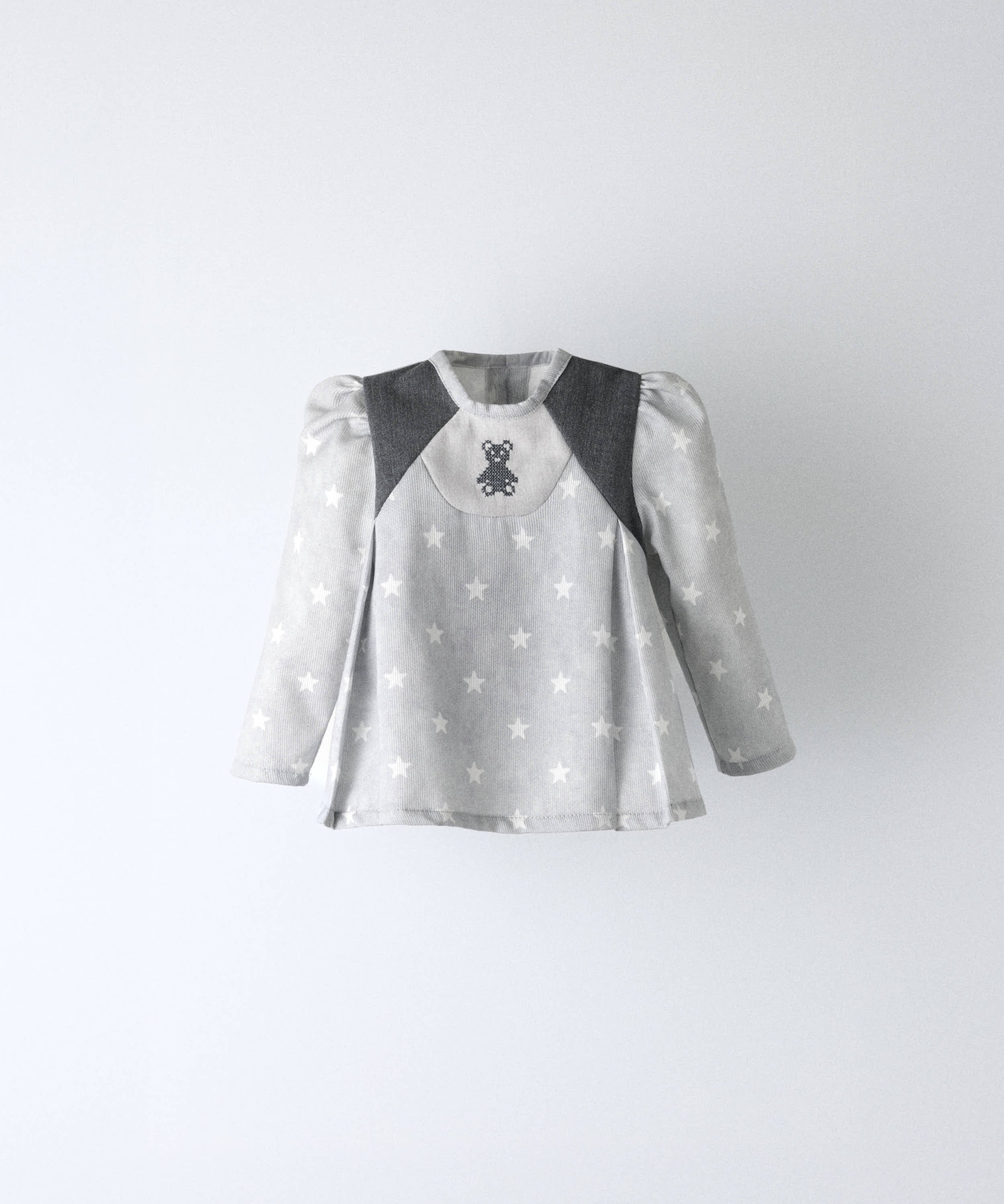 Camisa de bebé de estrellas en gris con osito bordado y manga abullonada — Kala