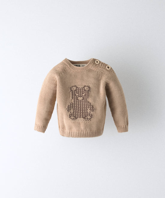 Jersey de punto de bebé beige con osito de jacquard — Kala