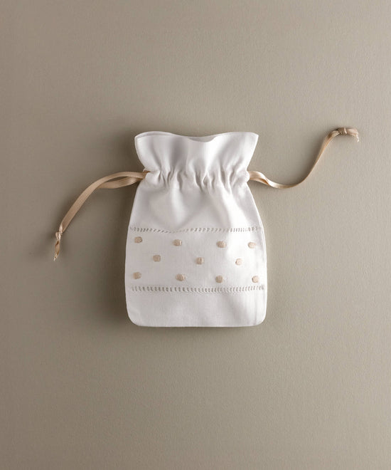Bolsa guarda chupete de bebé de algodón blanco con bodoques y vainica — Tinylace